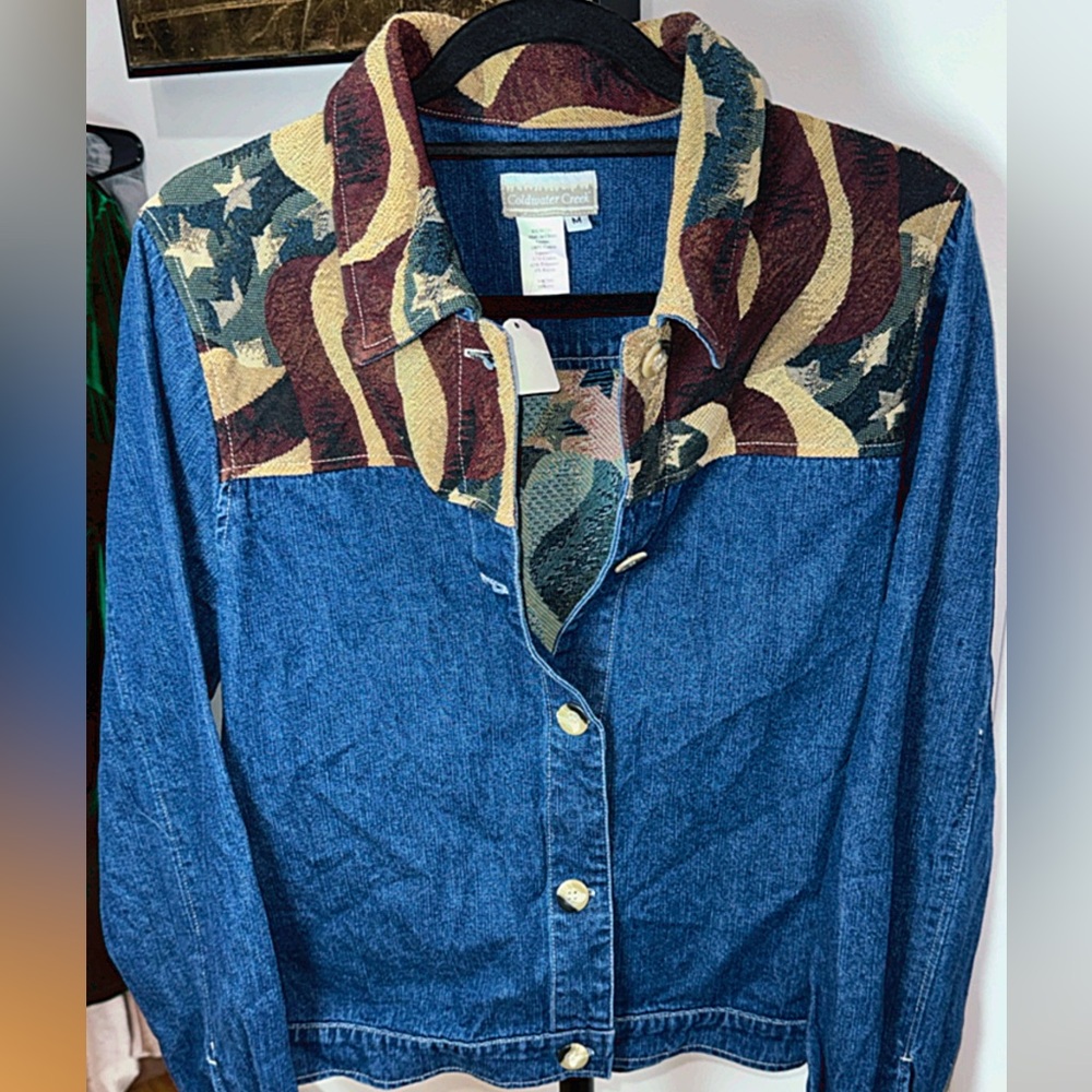 Coldwater Creek Blue Jean Jacket with Multicolor Pattern